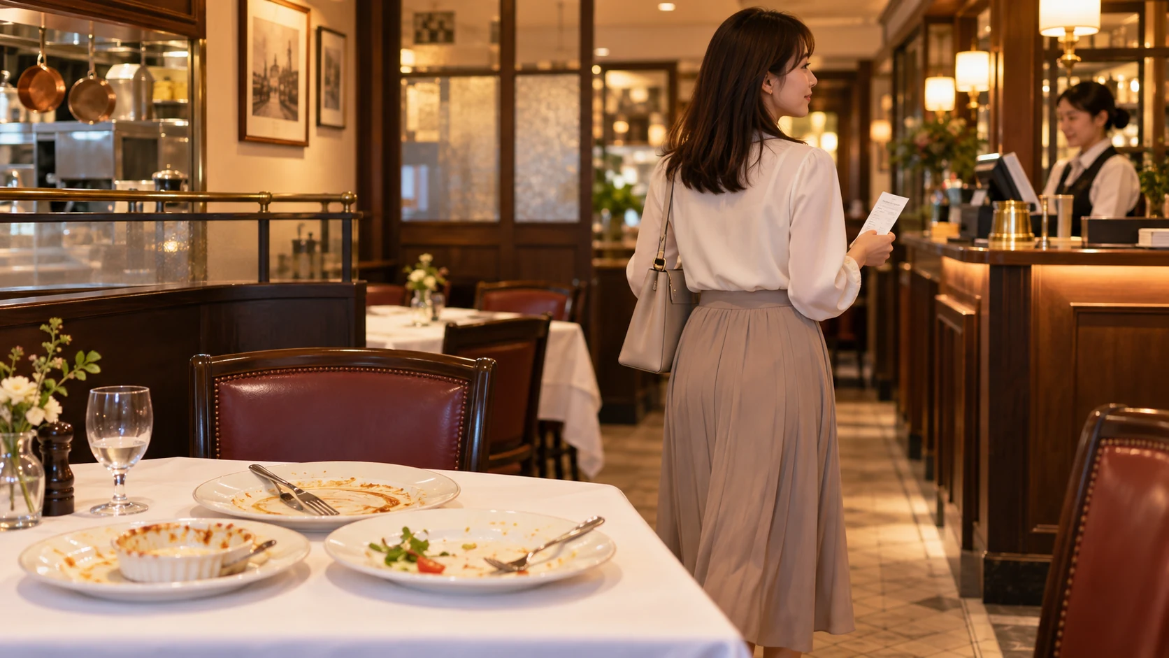 食事を終えた一人客が伝票を手にレジへ向かう場面