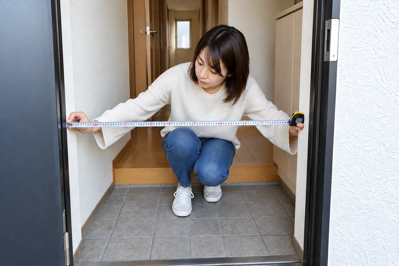 内見中に玄関の有効幅をメジャーで測る場面