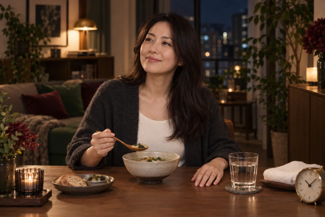 ヘッドスパから帰宅し、温かなスープで一日を終える佳奈さん