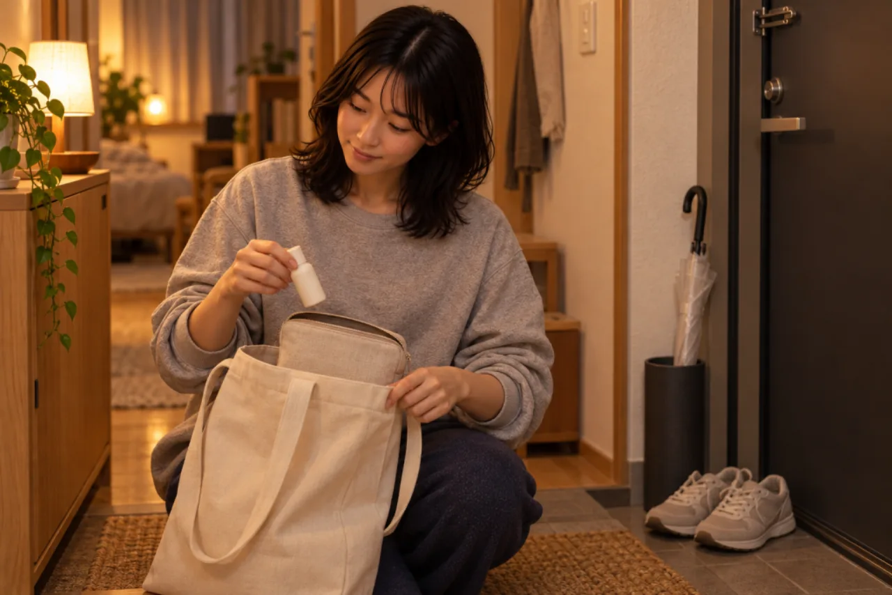 翌朝、小さな袋とタオルをバッグへ入れ、夜のかごを残して出かける栞さん