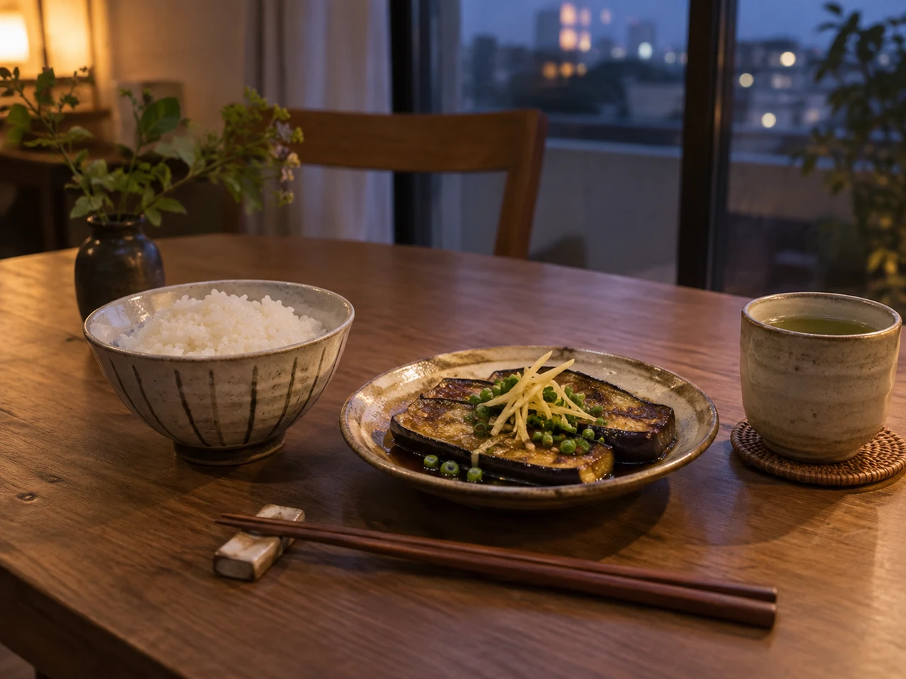 ご飯と焼きなすを組み合わせた一人分の食卓のイメージ