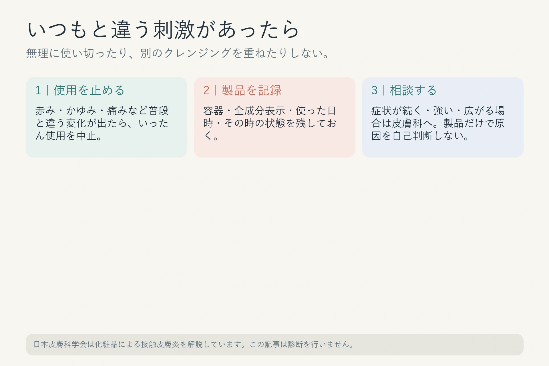 化粧品で普段と違う刺激を感じたとき、使用を止めて製品情報を記録し相談する流れ