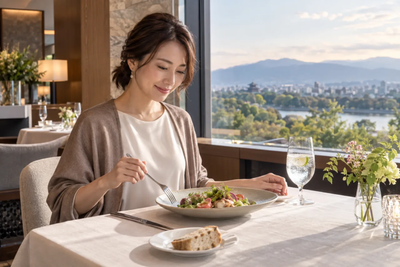 ホテルスパの後に窓辺のレストランで一人の遅い昼食を楽しむ女性