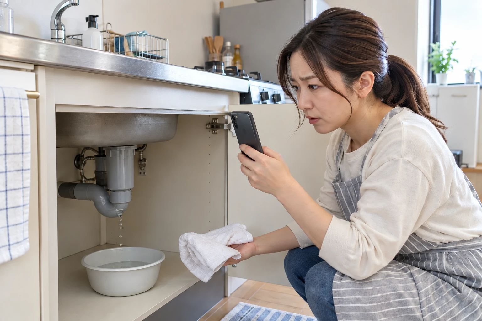 賃貸住宅の洗面台下の水漏れを写真に記録し管理窓口へ連絡する場面