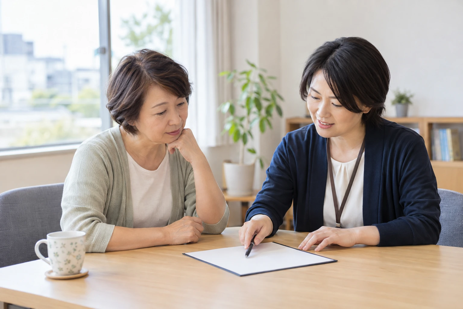 相談窓口で契約内容を一緒に確認する二人の編集イメージ