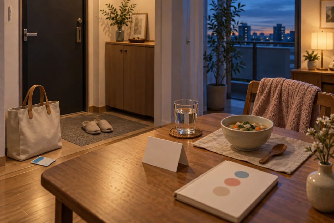 ホテルスパから帰宅した夜にバッグを置き簡単な夕食とノートを用意した部屋