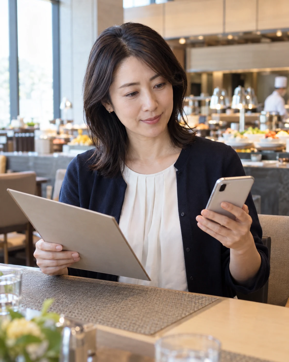 ビュッフェレストランでメニューと予約プランを見比べる日本人女性