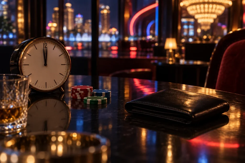 深夜0時を示す時計と少量のカジノチップ