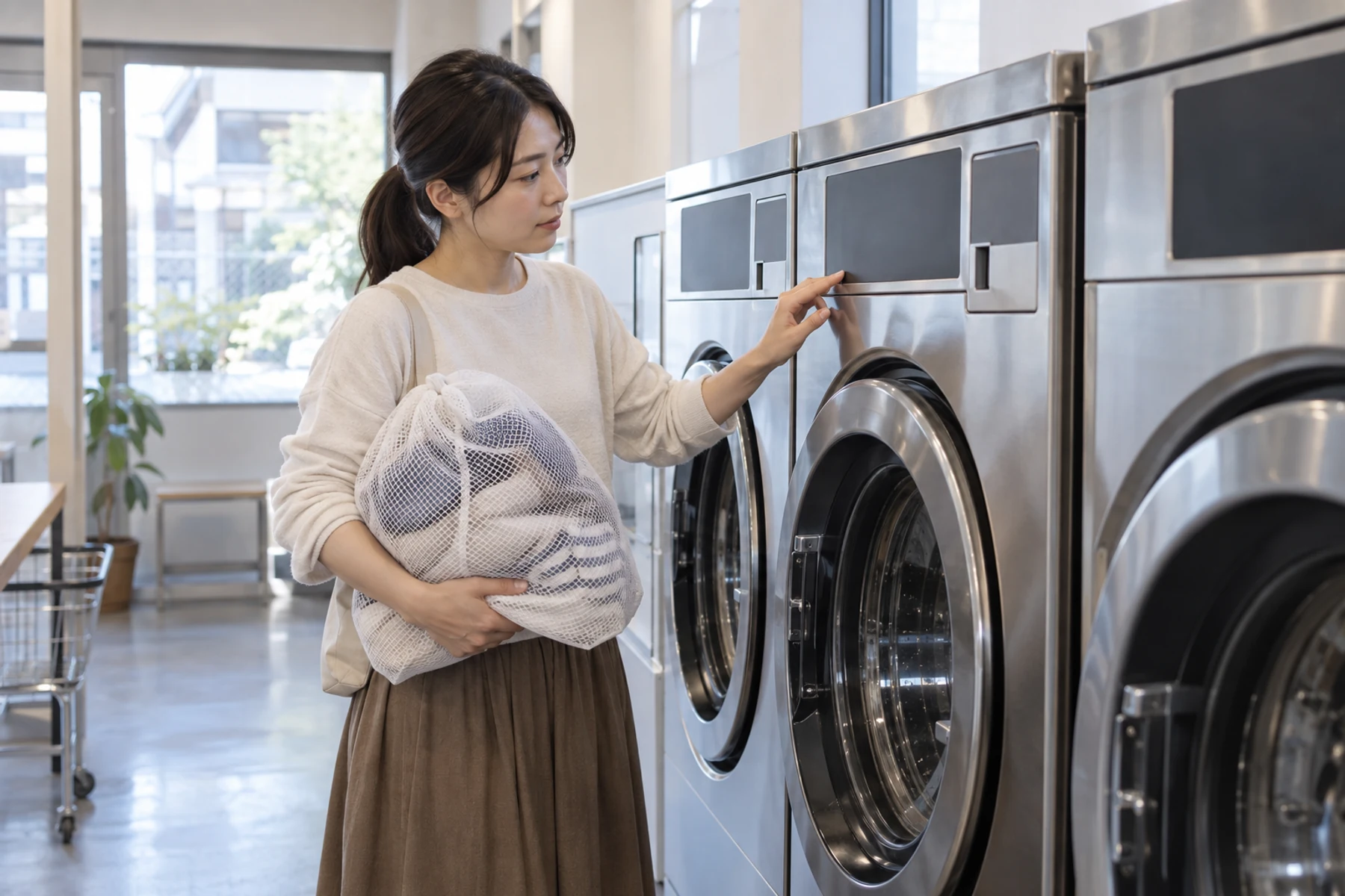コインランドリーで洗濯機の表示を確認しながら、洗濯物を準備する日本人女性