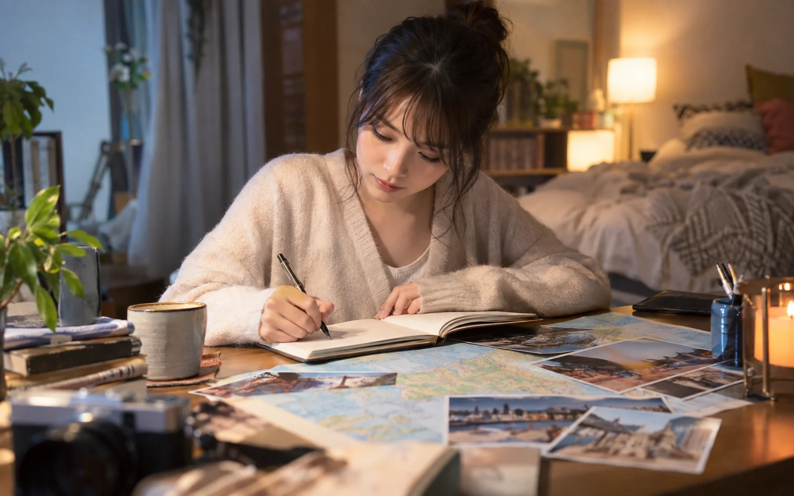 旅の候補をノートに書き出す栞さん(仮)