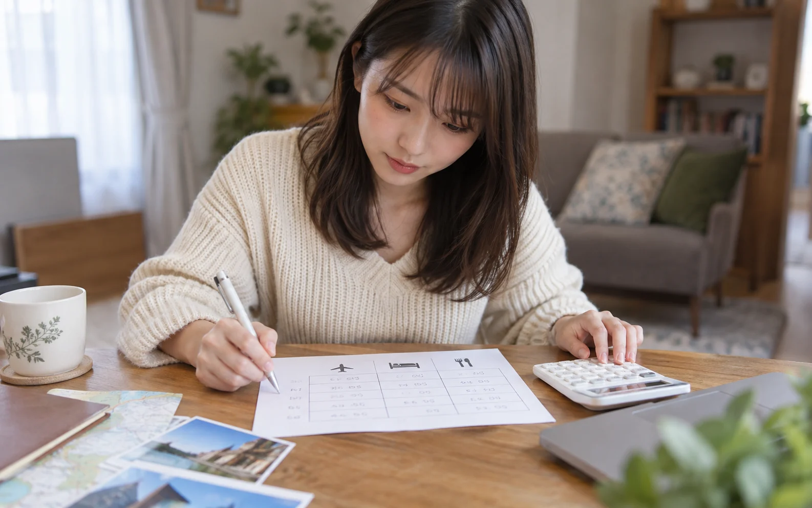 旅先で休憩しながら次の行動を選ぶ栞さん(仮)