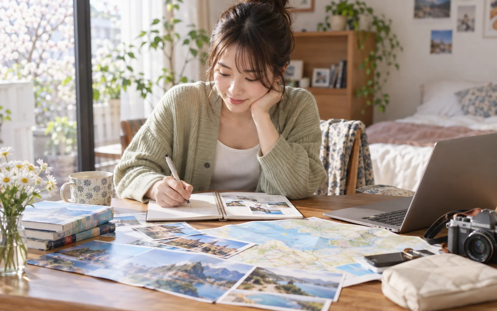 帰宅後に旅の支出と気づきを振り返る栞さん(仮)