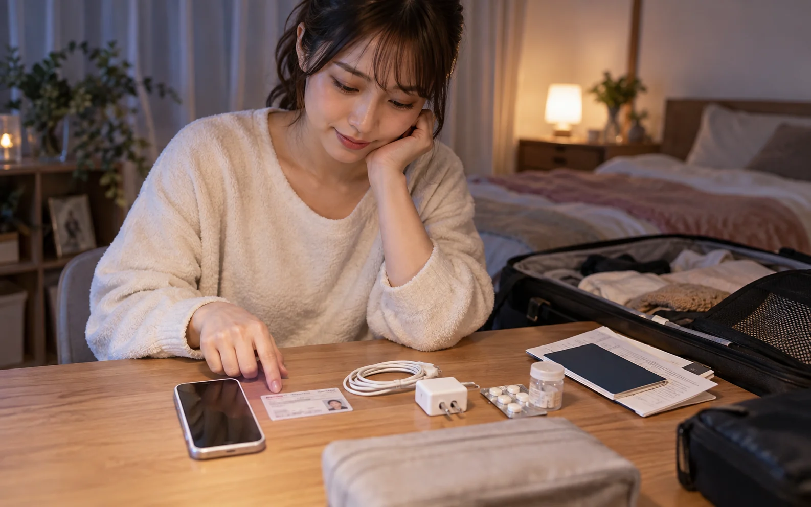 出発前夜に持ち物と予約を確認する栞さん(仮)