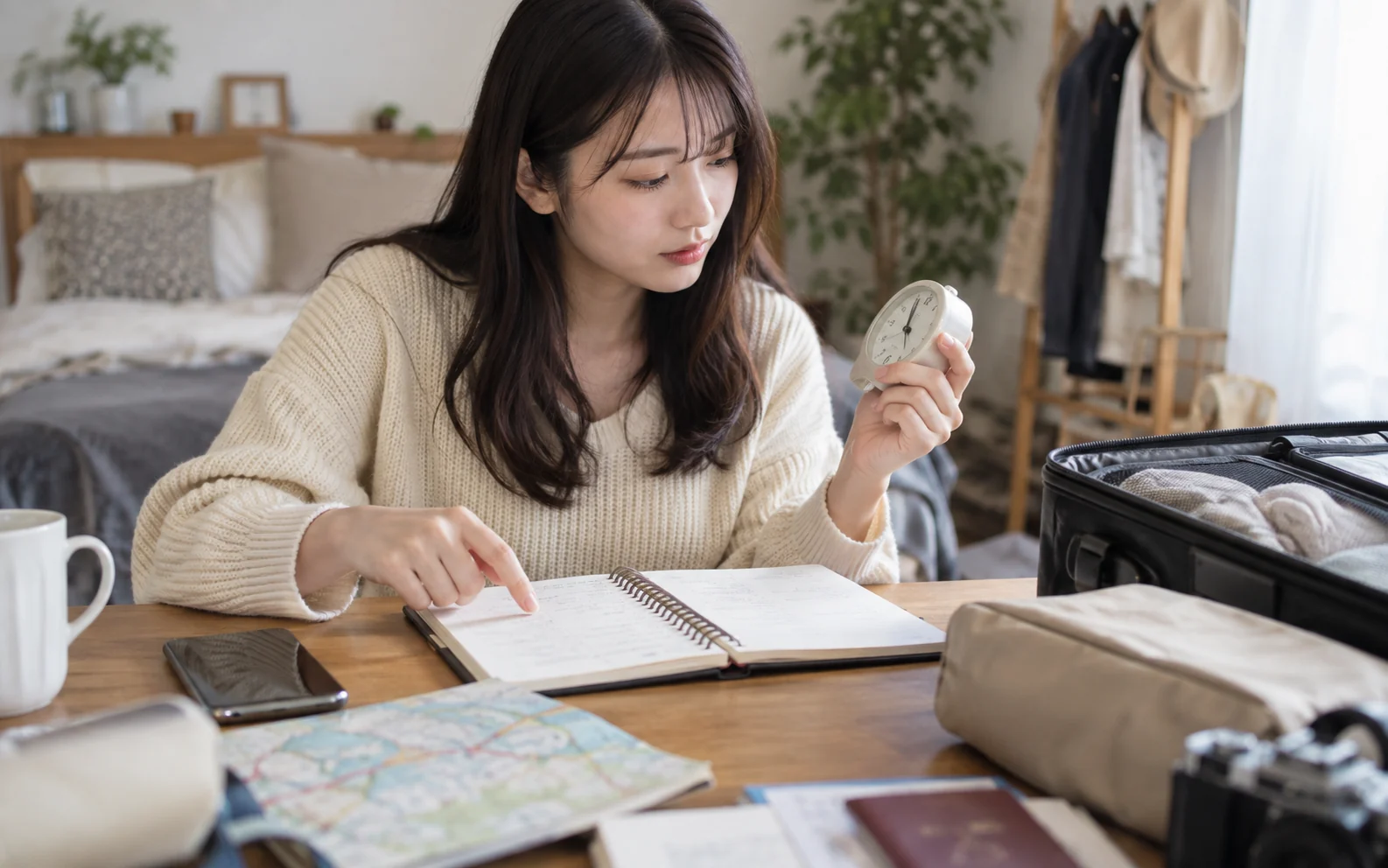 出発時刻と帰宅時刻を確認する栞さん(仮)