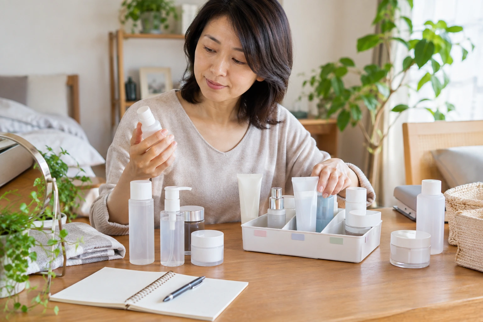 一人暮らしの女性が化粧品を整理する場面