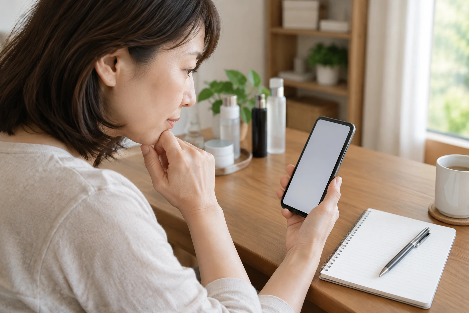 一人暮らしの女性が化粧品表示をスマートフォンで確認する場面