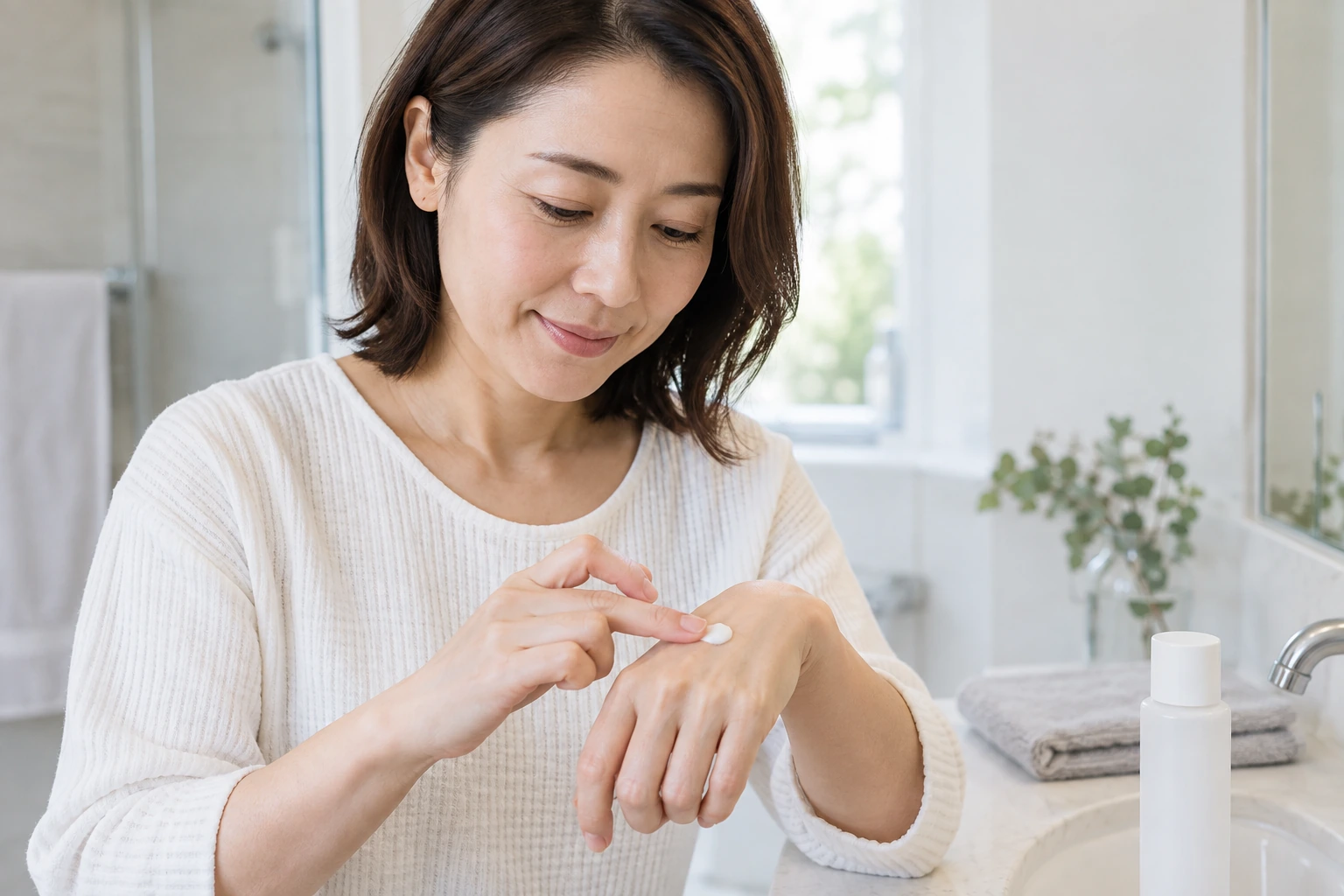 一人暮らしの女性が手の甲で化粧品を試す場面