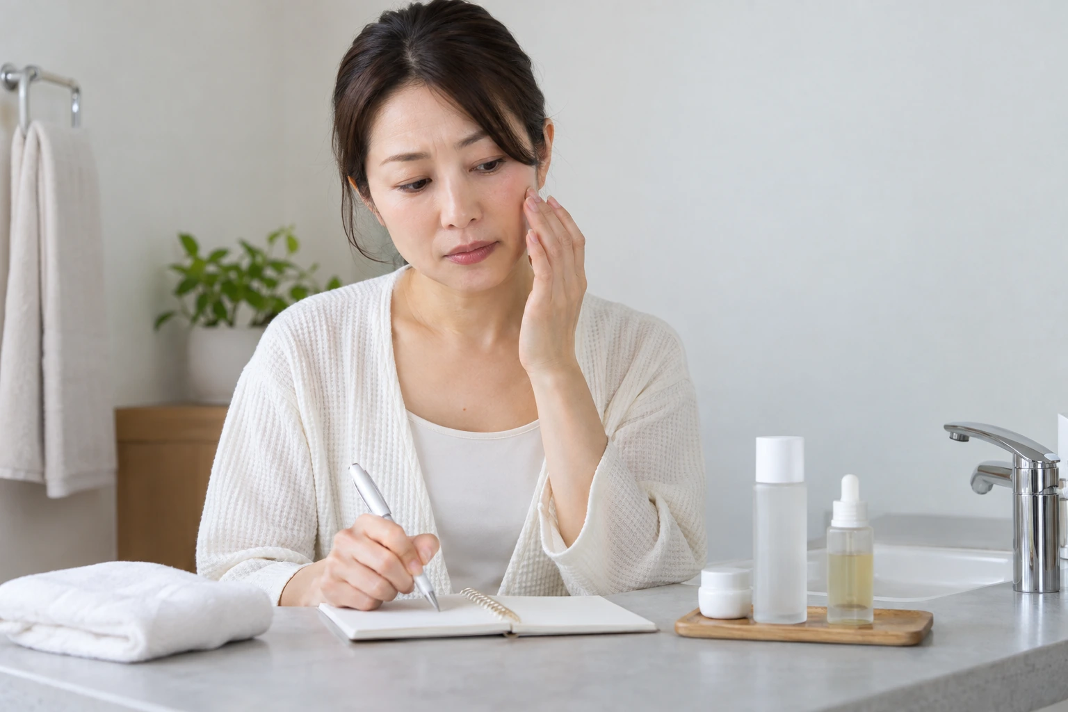 一人暮らしの女性が刺激を感じて化粧品を一度置く場面