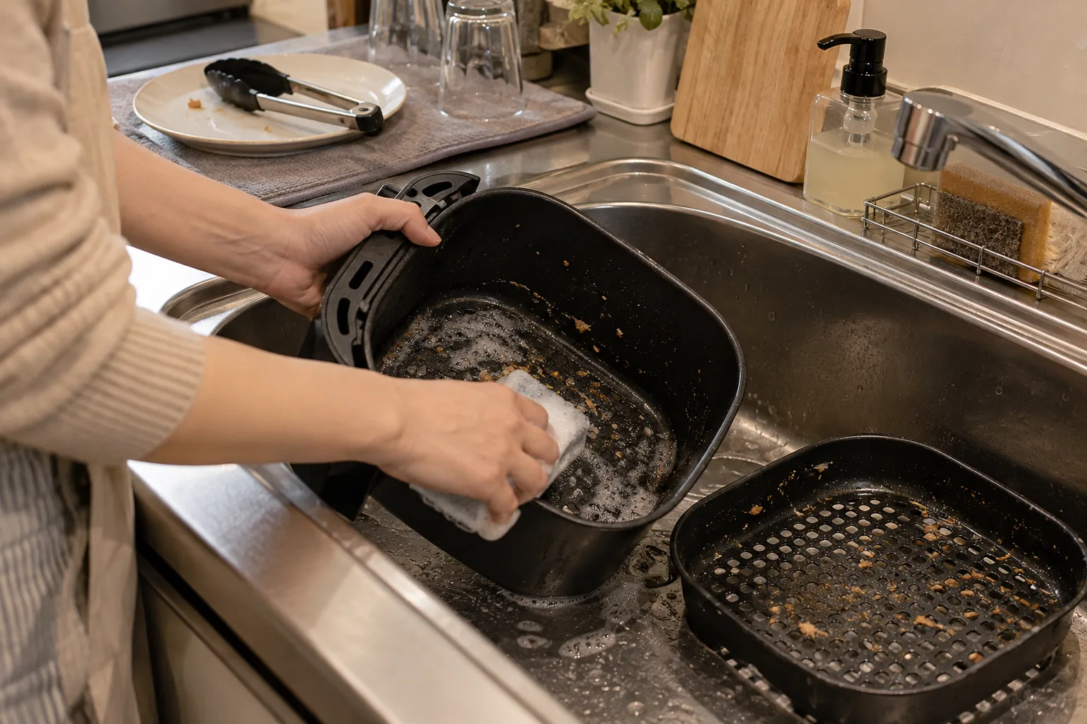 夕食後にノンフライヤーのバスケットと網をスポンジで洗う手元