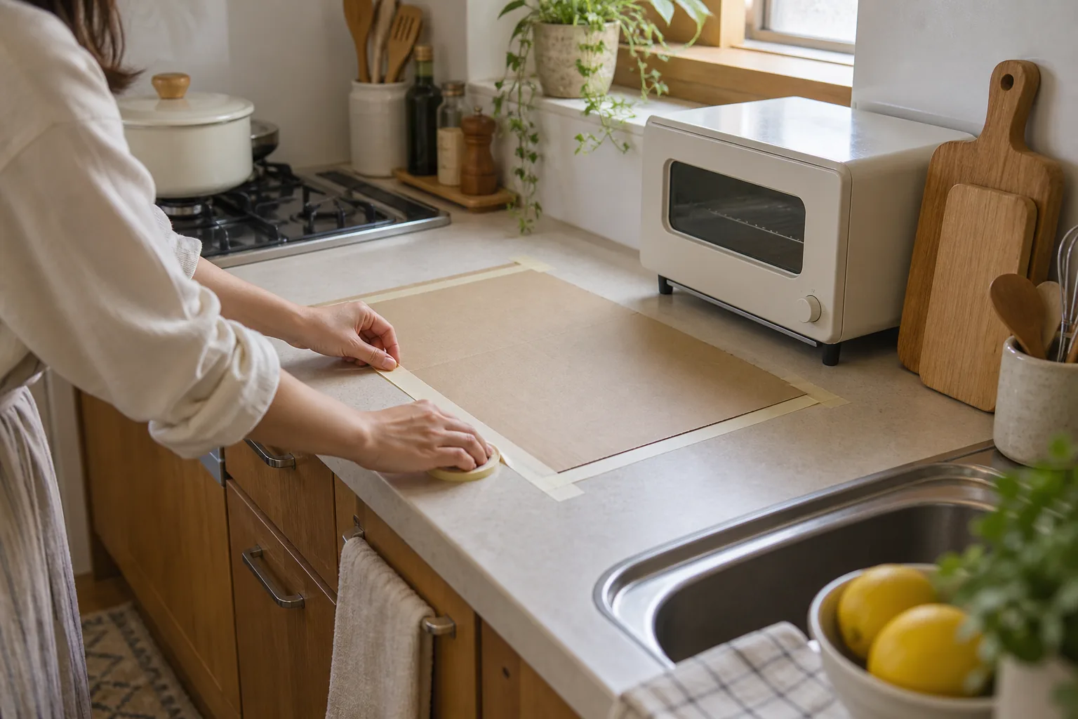 小さな台所で厚紙とテープを使いノンフライヤーの設置面積を確かめる手元