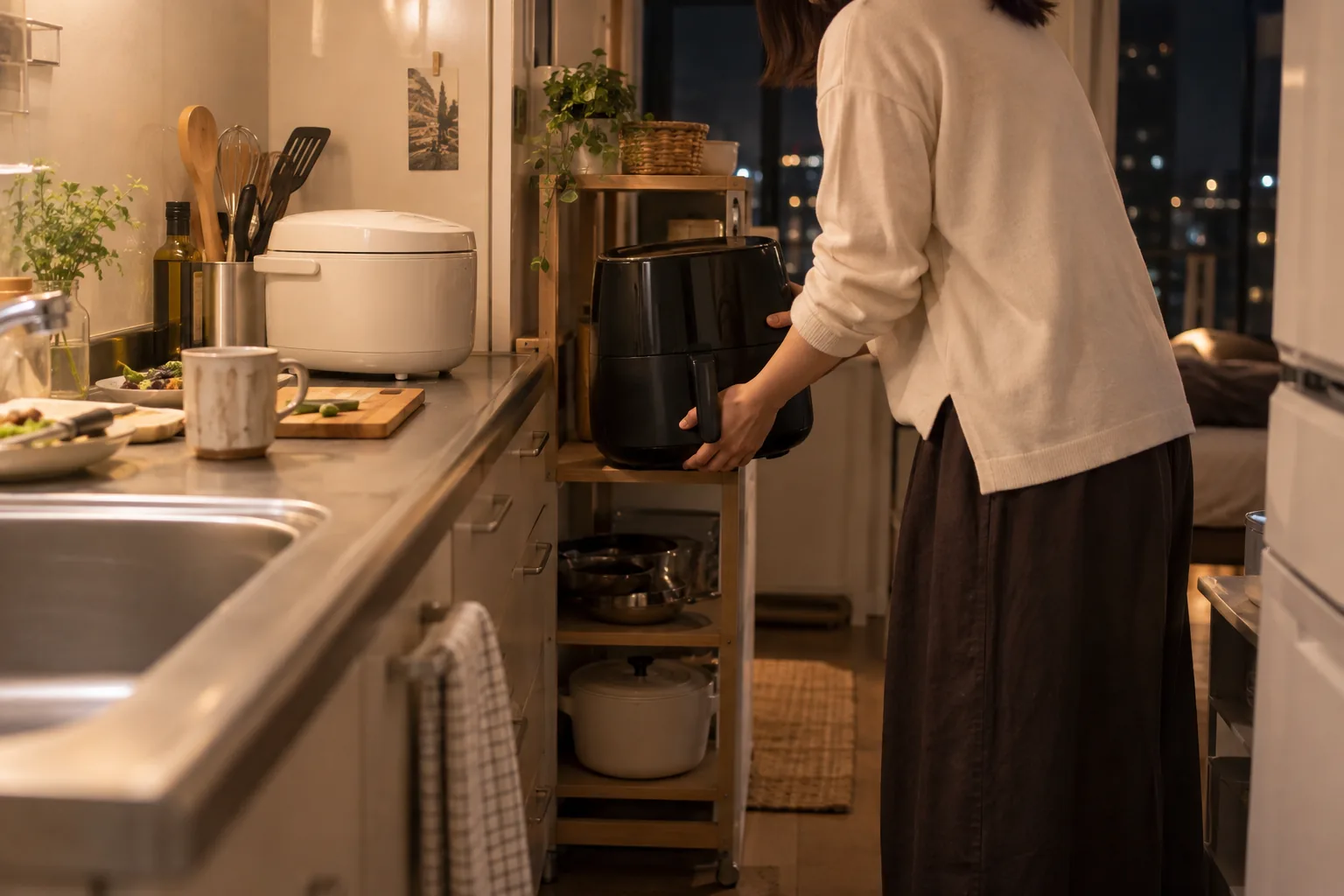 小さな台所でノンフライヤーを作業台に残すか棚へ収納するか考える女性