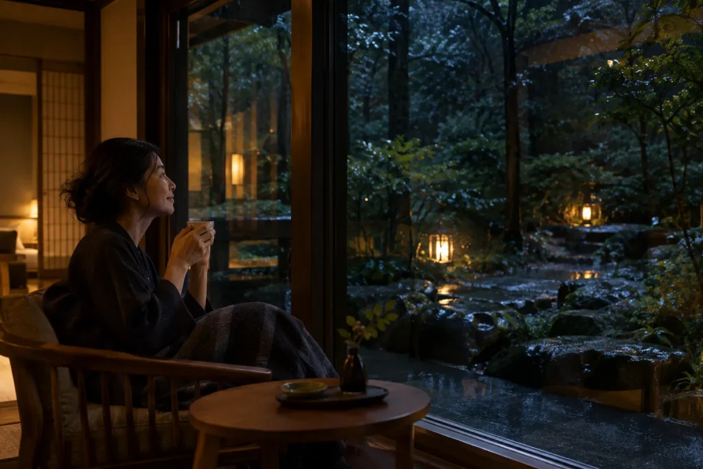 雨に濡れた夜の森を窓辺から眺めながら一人でお茶を飲む女性