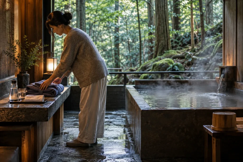 京都風の森を望む浴室で水とタオルを整える女性の一人旅