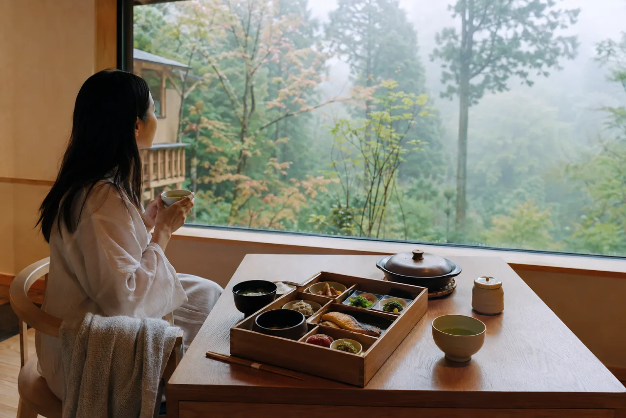 霧の森を望む架空の京都高級ホテル客室で一人分の和朝食を楽しむ女性