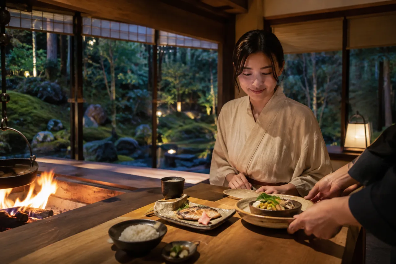 京都の架空の森のダイニングで季節の夕食を一人で楽しむ女性