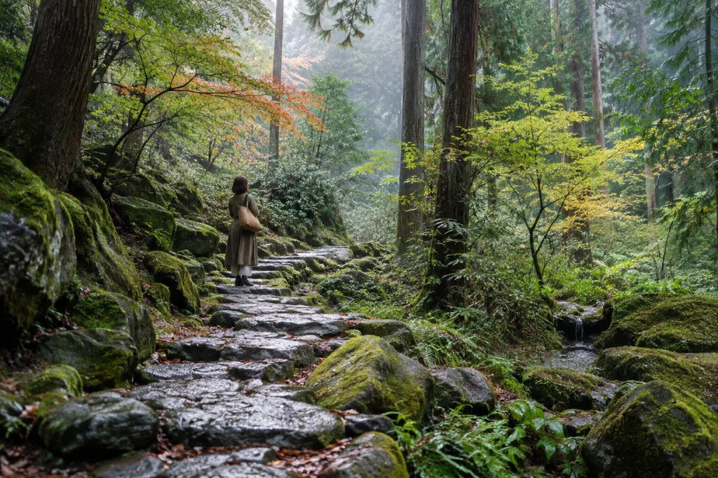 雨上がりの苔むした石径を一人で歩く女性と色づき始めた京都の森