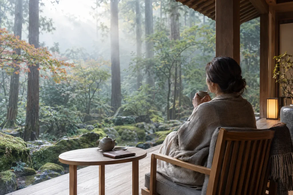 京都風の森の縁側で手帳を閉じて朝のお茶を飲む女性の一人旅