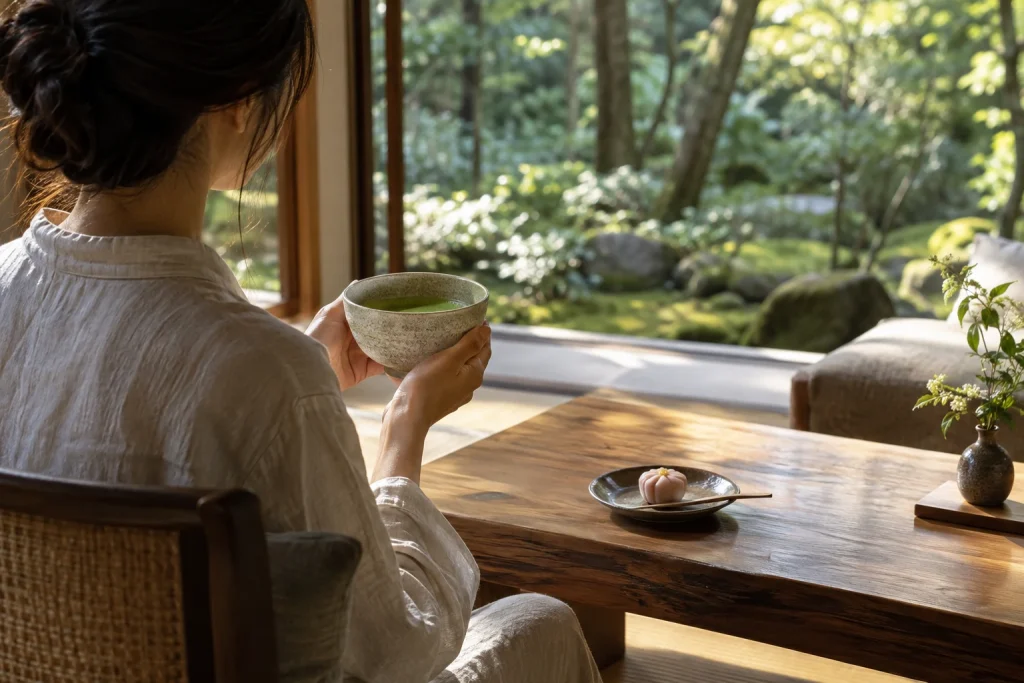 森を望む架空の和室で抹茶と季節の和菓子をゆっくり味わう女性