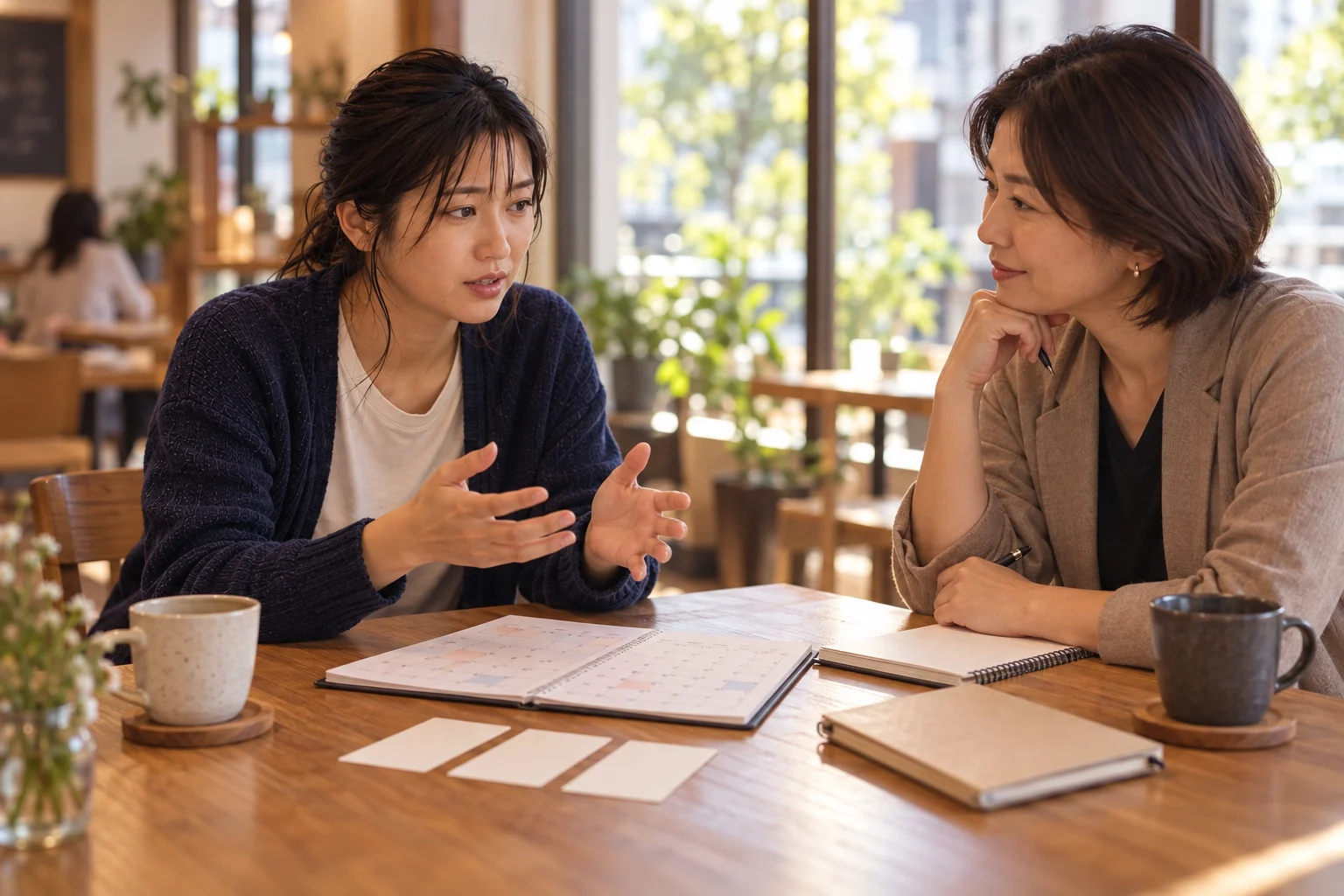 三か月の予定表を前に活動量を相談する葵さん