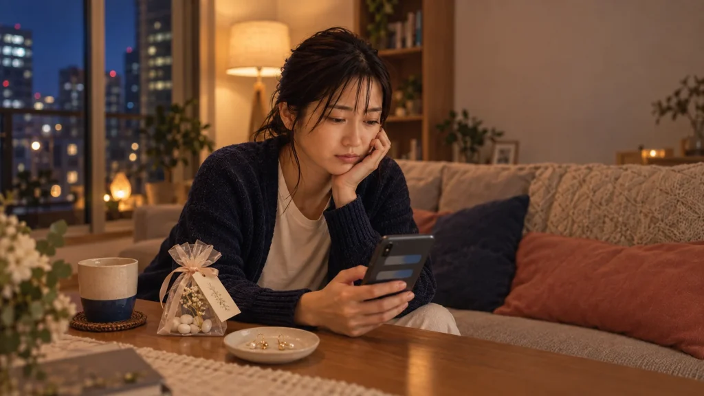 結婚式の夜に年齢の検索結果を見て考え込む葵さん