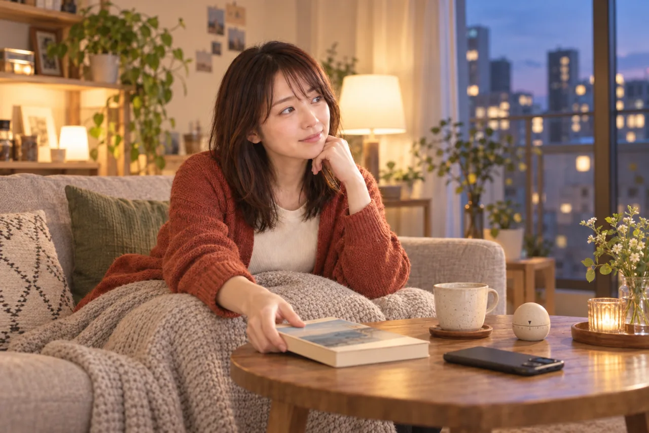 夜、スマートフォンを伏せて本を手に取り一人時間へ戻る葵さん