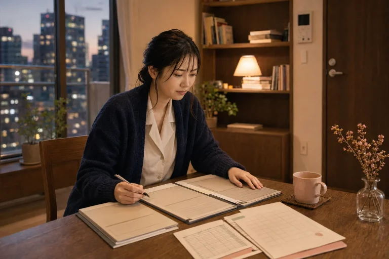 日曜の夜、三つの結婚相談所の資料と12か月の予算表を比べる葵さん