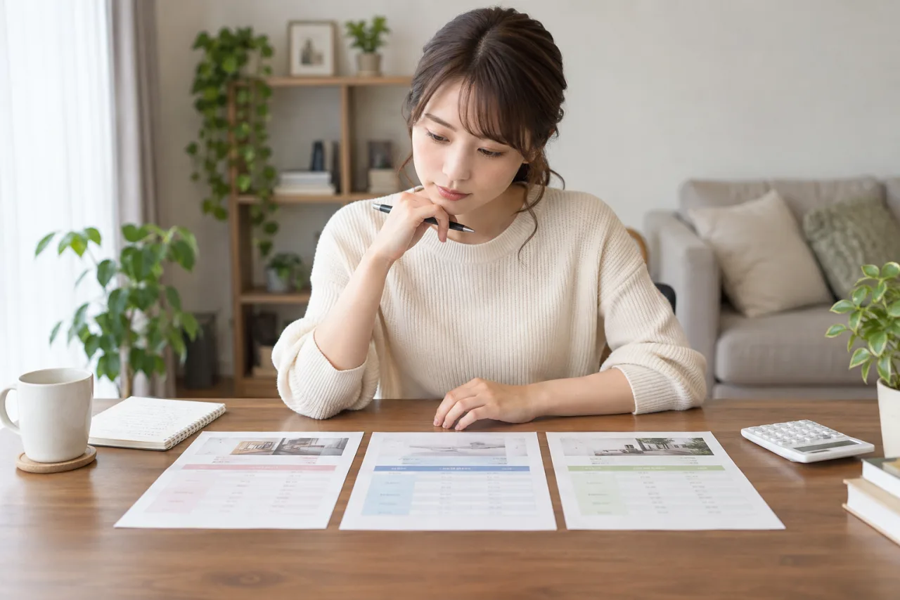三社の料金シートを比較する葵さん