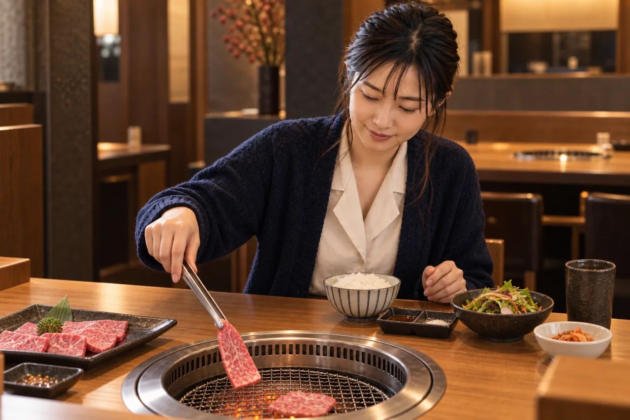 一人分の焼肉ランチを自分のペースで焼く葵さん