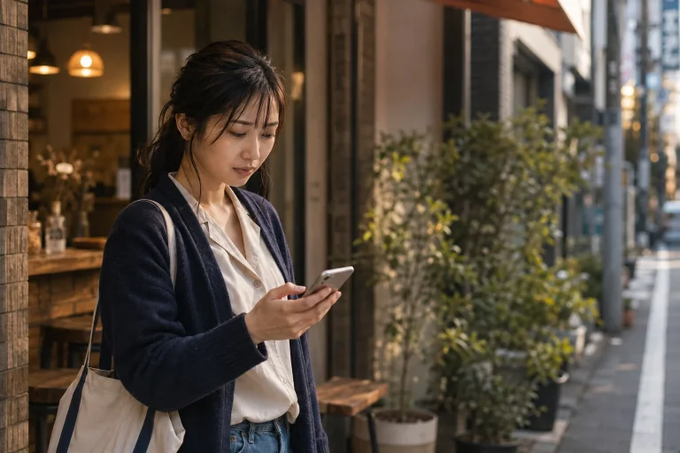 喫茶店の前で帰りの電車を確認し、初回デートを待つ28歳の女性