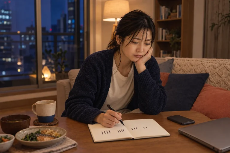 夜のリビングで婚活の四つの数字を書いたノートを見る葵さん