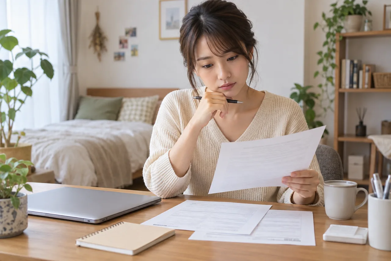 賃貸契約と保証条件を確認する28歳の葵さん
