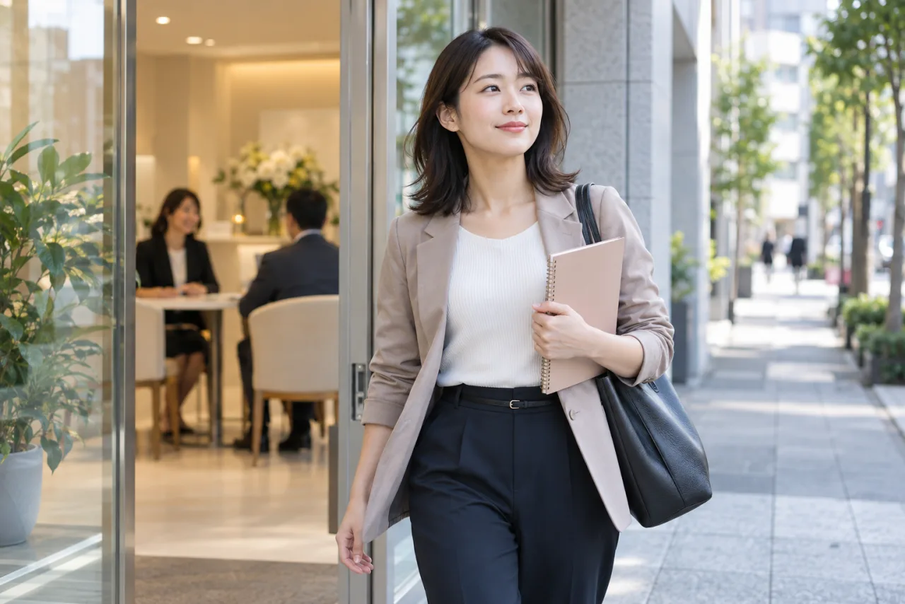 相談所を出てノートを抱える葵さん