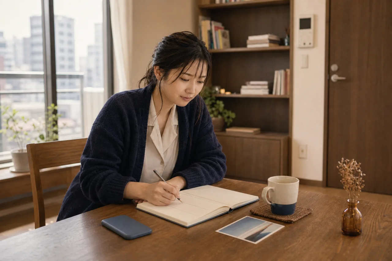 婚活アプリの通知を止め、自宅で時間と費用を振り返る28歳の女性