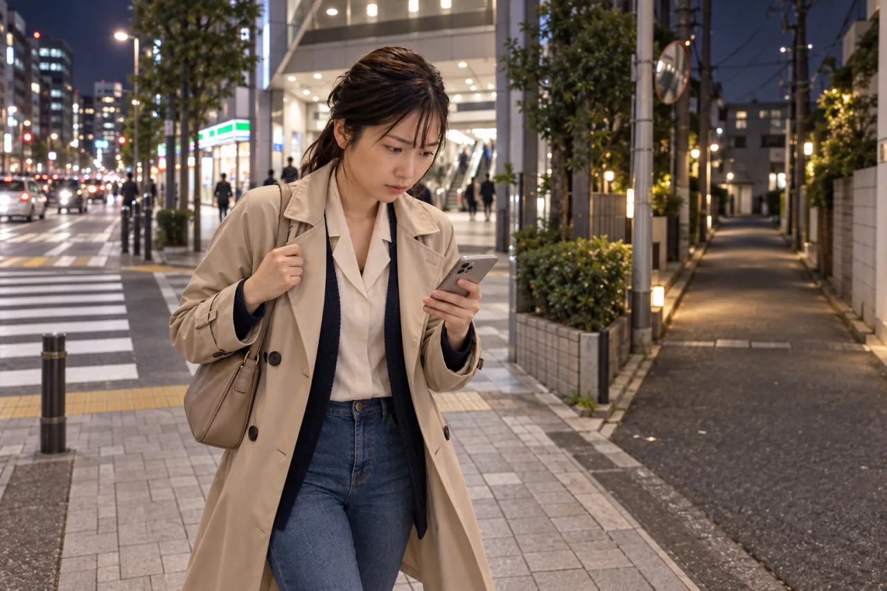 夜の駅から帰宅経路を確かめる葵さん