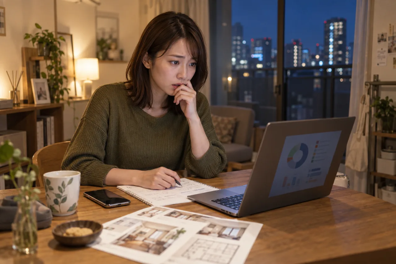 夜の自宅で引越し費用と資産配分を見比べ、現金不足に気づく葵さん