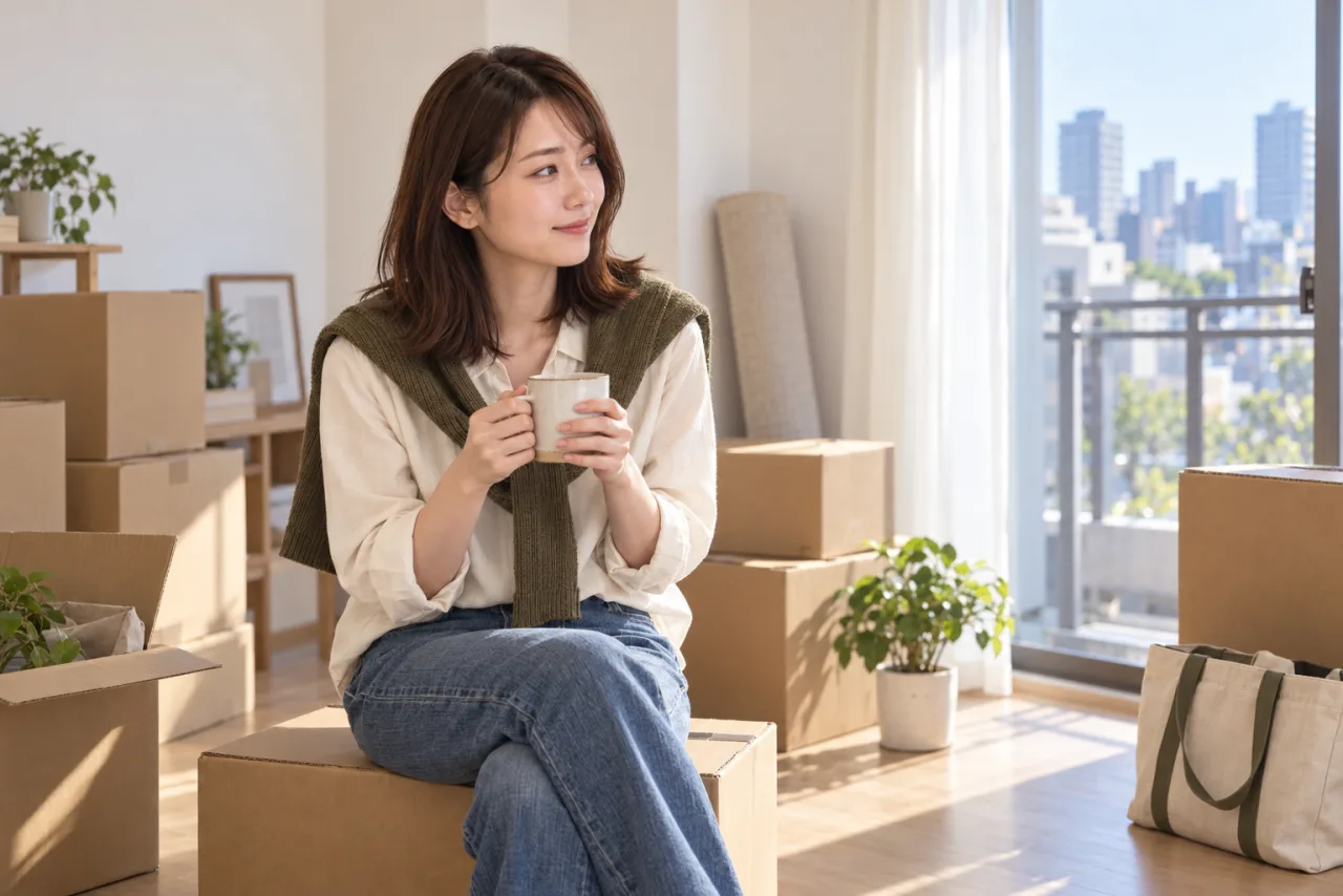 新しい部屋の段ボールに腰掛け、温かい飲み物を手に一息つく葵さん