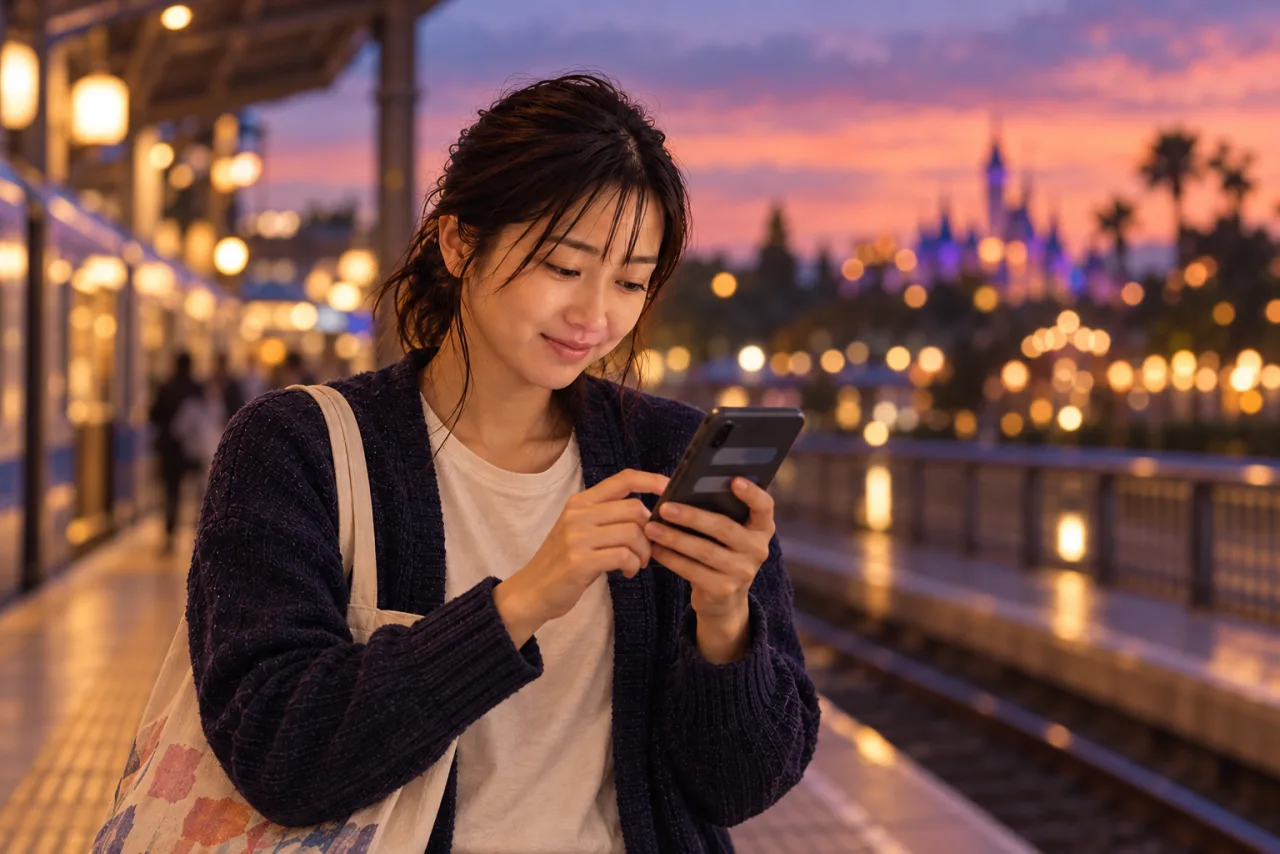 一人で楽しんだパーク帰りに写真を見返す葵さん