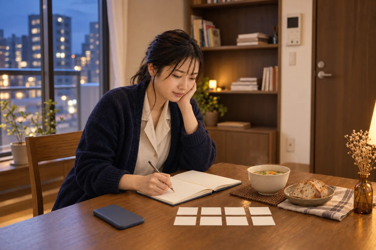 婚活パーティーから帰宅し一語メモと温かい飲み物を前に振り返る葵さん