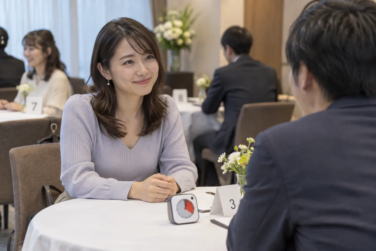 婚活パーティーで五分の会話をする葵さん
