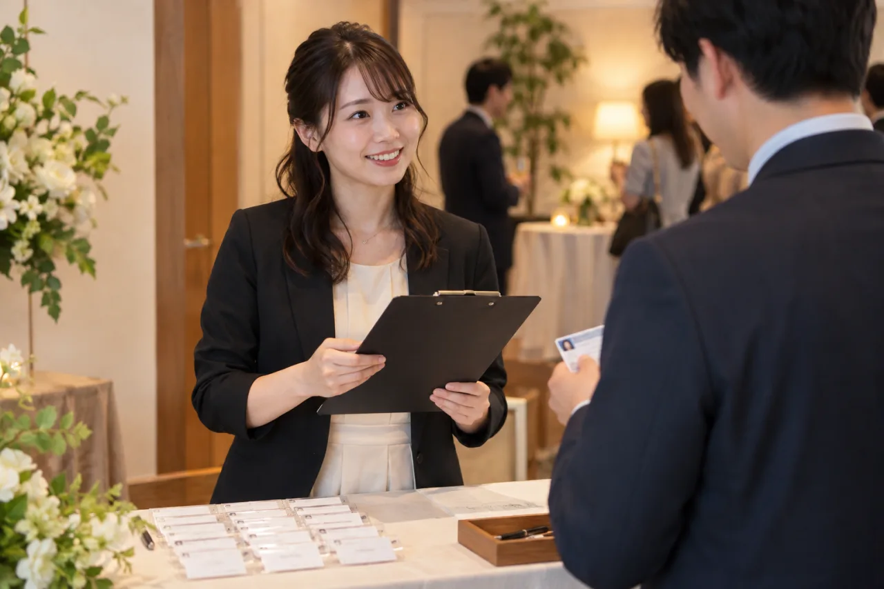 受付で本人確認とルールを確認する葵さん